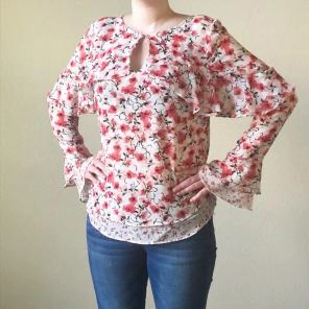 White House Black Market Pink Floral Sheer Ruffle Blouse - Picture 11 of 12
